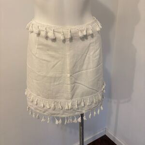 White Linen Blend size Small Tassel Bohemian Vacation Mini Skirt